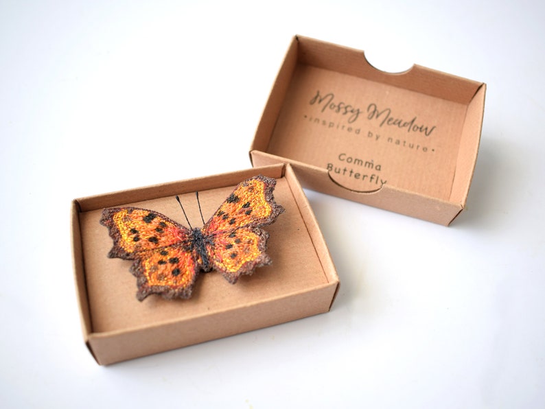 Free Motion Embroidered Butterfly, Butterfly Brooch, Textile Brooch, Comma, Nature Gift, Orange, Butterfly Pin image 2