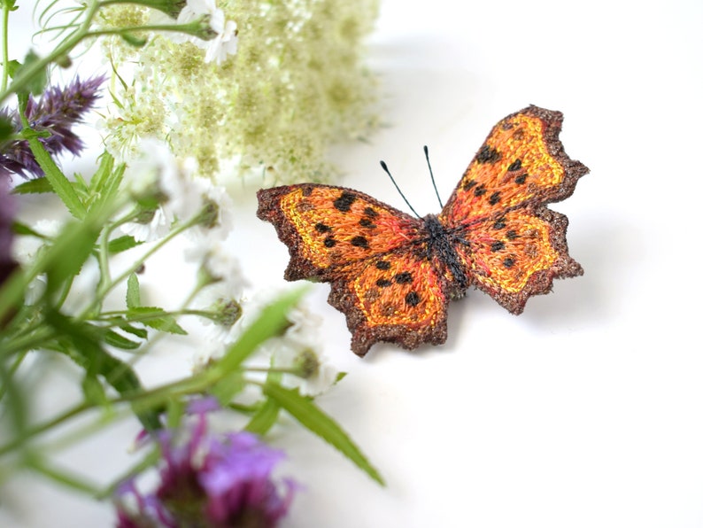 Free Motion Embroidered Butterfly, Butterfly Brooch, Textile Brooch, Comma, Nature Gift, Orange, Butterfly Pin image 1