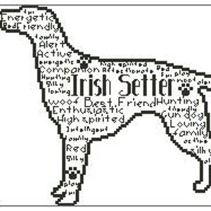 May include: A monochrome graphic of an Irish Setter dog silhouette, filled with words such as "energetic," "friendly," and "hunting." The dog's outline includes the text "Irish Setter."
