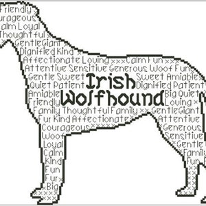 May include: A black and white illustration of an Irish Wolfhound dog. The dog's silhouette is made up of words describing the breed's personality traits, such as "friendly", "loyal", "gentle", and "loving".