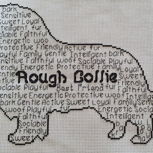 May include: Black and white cross-stitch design of a Rough Collie dog with the words "Rough Collie" in the center and a list of words describing the breed around the outline of the dog.