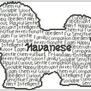 May include: A word cloud in the shape of a Havanese dog breed, with words describing the breed's personality traits, such as "cheerful", "sociable", "gentle", "playful", "intelligent", and "affectionate".