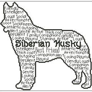 May include: A black and white graphic of a Siberian Husky dog silhouette filled with descriptive words like "Friendly", "Intelligent", and "Loyal". The text "Siberian Husky" is prominently displayed.