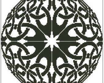 May include: Black and white Celtic knot design with a circular pattern. The design is intricate and detailed, with a repeating pattern of interlacing lines.