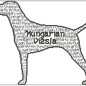 Könnte beinhalten: Schwarz-weiße Silhouette eines Ungarischen Vizsla-Hundes mit einer Wortwolke positiver Persönlichkeitsmerkmale, darunter loyal, freundlich, energiegeladen und verspielt.