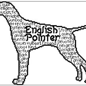 May include: Word art illustration of an English Pointer dog with words describing the breed's personality traits, such as intelligent, enthusiastic, affectionate, strong, friendly, and devoted.