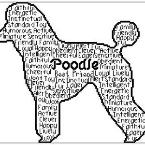 May include: Black and white word art illustration of a poodle with the word "Poodle" in the centre. The illustration is made up of words describing the breed, such as "friendly", "loyal", "intelligent", and "active".
