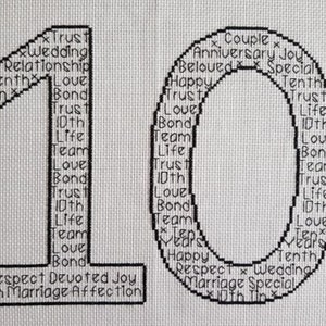 10e anniversaire de mariage (étain) en mots tableau de point de croix