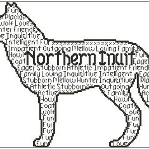 May include: Black and white silhouette of a wolf with the words "Northern Inuit" in the center. The silhouette is surrounded by words describing the breed, such as "athletic", "stubborn", "friendly", and "intelligent".