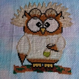 May include: A cross-stitch embroidery of an owl wearing glasses and a lab coat, holding a test tube. The owl is perched on a branch with green leaves.