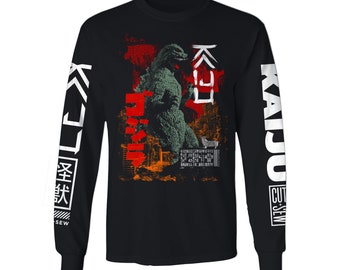 Screen Printed | Unisex | Black Long Sleeve Bella Canvas | Kaiju Cut and Sew “Gojira” T-Shirt