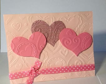 Greeting Card - Hearts of Love - Embossed - Grosgrain Ribbon