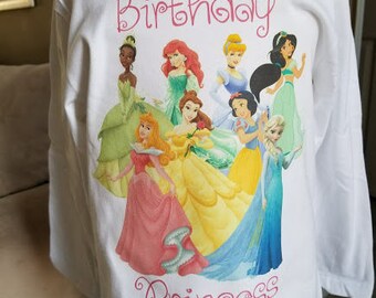 Princess Birthday birthday Shirt!! Front and Back printed!!Any age and name! 2t 3t 4t 5t 6/6x 7/8 10/12 All princesses long or short sleeve