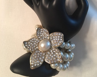 Vintage Better Fashion Statement 3 Strand Faux Pearl Bracelet with Crystal Floral Connect