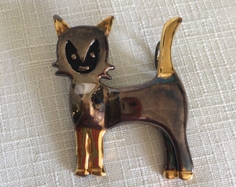 Unique Signed "Best" Cat Kitten Black Silver-tone Gold-Tone Jewelry Brooch/Pin Necklace Pendant