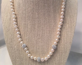Collar vintage de perlas cultivadas: Cuentas de plata de ley con detalles de cristal