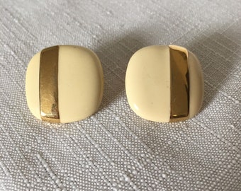 MONET Gold Cream Enamel Modernist Clip-On Earrings Designer