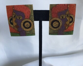 Vintage Art Deco Abstract Profile Rectangular Shaped Cloisonne Pierced Earrings Jewelry