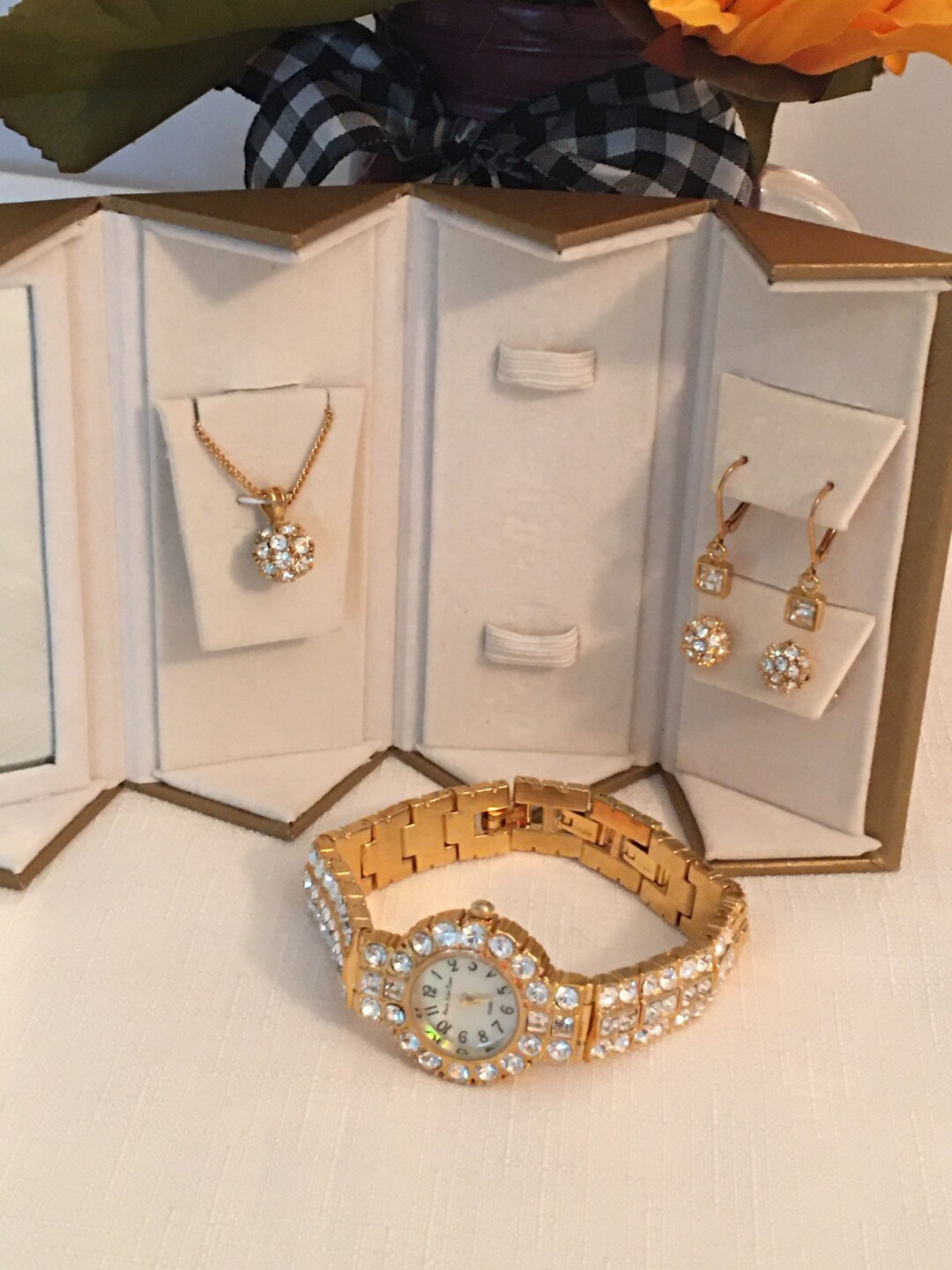 Main Line Time Watch Set Princess Cut Crystals Gold tone Gold Plated 4 main-line-time-watch-set-princess-cut-crystals-gold-tone-gold-plated-4