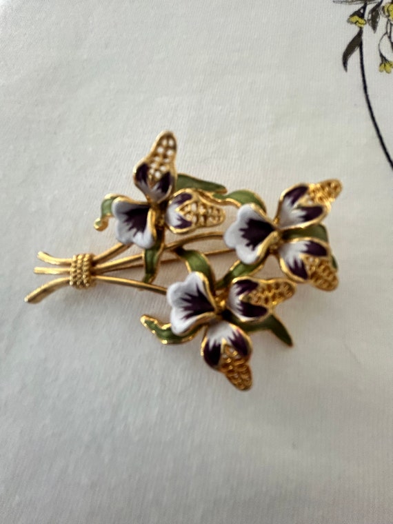 Vintage Gold-Tone Gold-Plated Enamel Orchid Brooc… - image 4