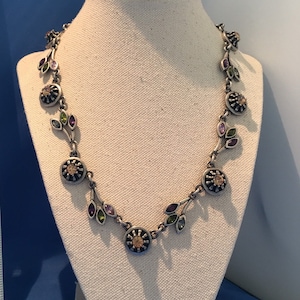 Chico&#39;s Unique Pewter Silver-Tone Multi-Color Crystal Charm Choker Necklace Interesting!