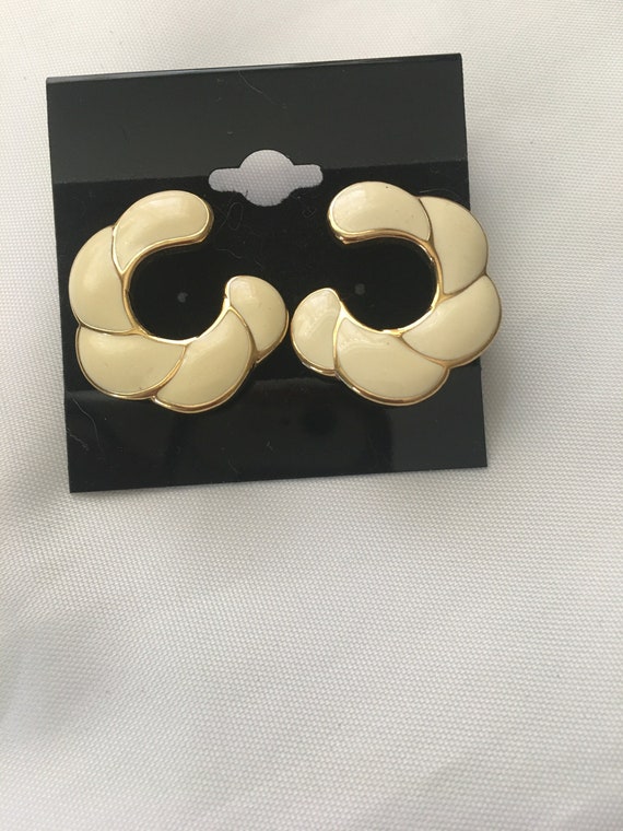 MONET Gold Plated Cream Enamel Scalloped Earrings 