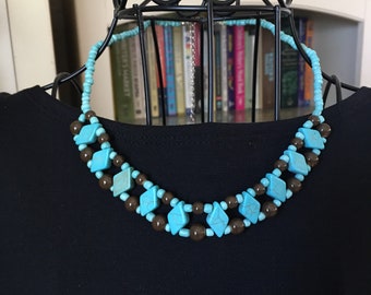 Vintage Turquoise & Brown Beaded Statement Necklace - 18"