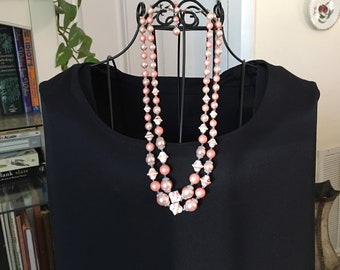 Vintage Classic Mid-Century Two Strand Pink Polished and Flat Faux Pearl and Shell Beaded Necklace - Signed Japan - 18"- 20"