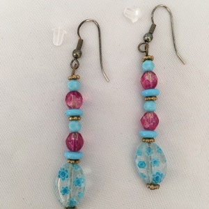 Millefiori Drop Dangle Jewelry Pierced Silvertone Earrings Vintage