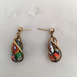 Millefiori Wire Wrapped Drop Dangle Better Jewelry Pierced Goldtone Earrings Vintage