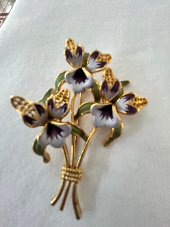 Vintage Gold-Tone Gold-Plated Enamel Orchid Brooc… - image 3