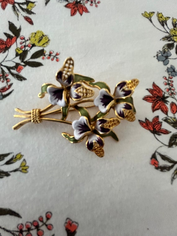 Vintage Gold-Tone Gold-Plated Enamel Orchid Brooc… - image 5