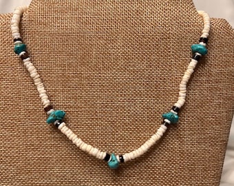 Collier ras de cou vintage coquillage Puka et fausse turquoise unisexe et unique ! 34 pouces