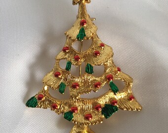 Broche/épingle vintage sapin de Noël articulée dorée plaquée or en cristal avec dessus en forme d'étoile