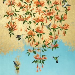Flamevine and Hummingbirds signed giclee print, wall art, decor accessory, birds and floral art