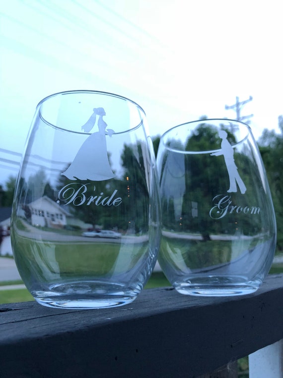 Bride And Groom Wedding Reception Stemless Wine Glass Etsy