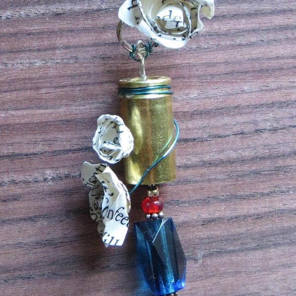 Upcycled Bullet Casing Pendant with Dangling Jewel Beads and Wrapping Handmade Paper Roses from an Upcycled Book with Rainbow Wire Chain