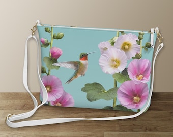 Hummingbirds & Hollyhocks Vegan Leather Crossbody Bag, Summer Floral Shoulder Bag
