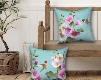 Set of 2 Hummingbirds & Hollyhocks Designer Pillows, Floral Cushions, Nature-Inspired Decor
