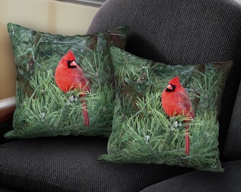Set of 2 Cardinal Designer Pillows, Red Bird Cushions, Nature-Inspired Decor