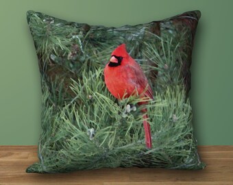 Cardinal in Tree Designer Pillow, Red Bird Cushion, Nature-Inspired Decor