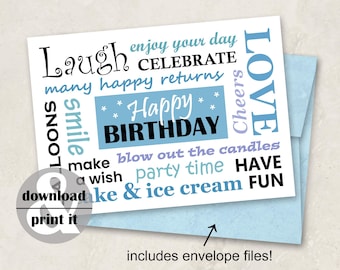 Printable Birthday Card in Blue, Instant Download Card Including 2 DIY Envelope Files