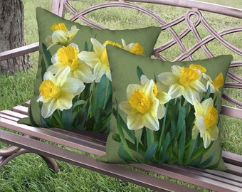 Set of 2 Daffodil Designer Pillows, Floral Cushions, Spring Decor