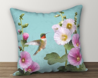 Hummingbirds & Hollyhocks Designer Pillow, Floral Cushion, Nature-Inspired Decor