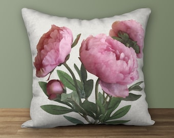Pink Peonies Designer Pillow, Floral Cushion, Nature-Inspired Decor