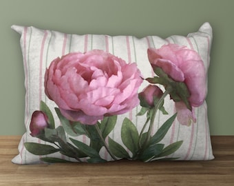 Pink Peonies Designer Lumbar Pillow, Floral Cushion, Nature-Inspired Decor