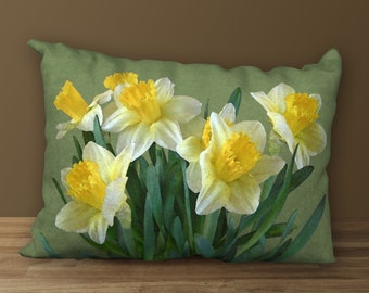 Daffodils Lumbar Designer Pillow, Floral Cushion, Spring Decor