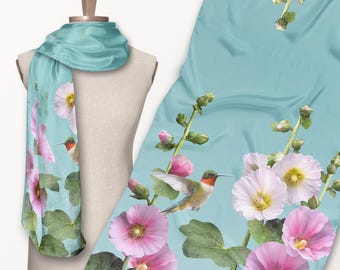 Hummingbirds & Hollyhocks Eco Scarf, Long Art Scarf from Sustainable Fabric