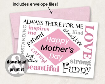 Printable Mother's Day Card Instant Download 5" x 7" Card Including 2 DIY Envelope Files by Hutton Hill Designs