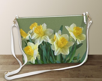 Daffodils Vegan Leather Crossbody Bag, Spring Floral Shoulder Bag